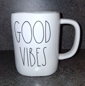 Rae Dunn White Ceramic 'Good Vibes' Mug with Black Lettering